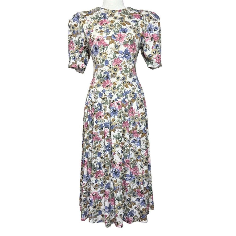Vintage Britland Dress S‎ Basque Waist Floral Midi Trad Wife Modest Cottage USA